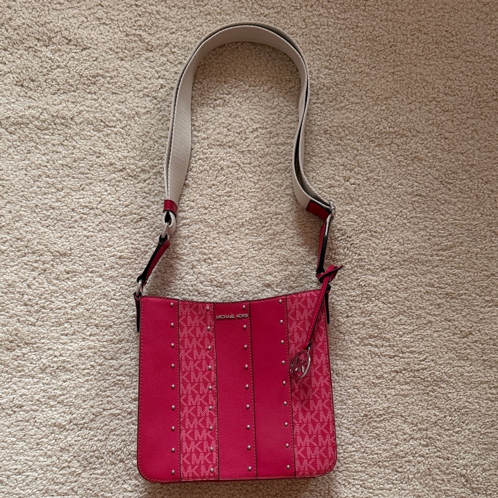 Michael Kors Hot Pink MK Logo Studded Crossbody Bag